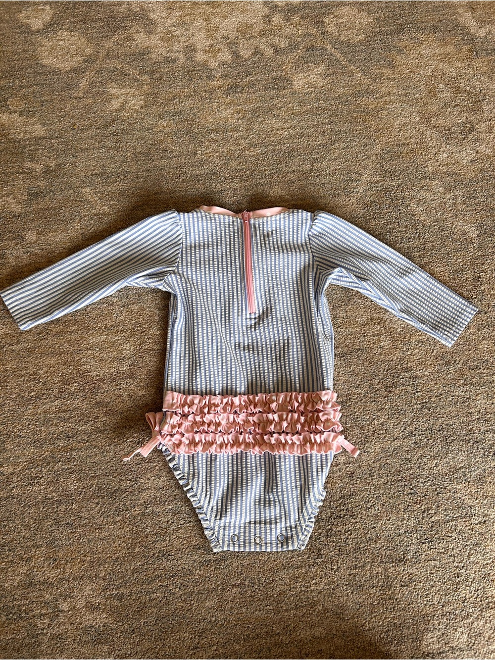 Ruffle Butts Striped Long Sleeve Baby One-Piece with Pink Ruffle